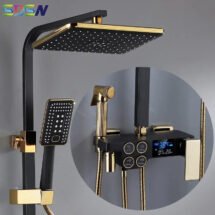 Hot and Cold Digital Shower System: Black Gold Faucet, Square Shower Head