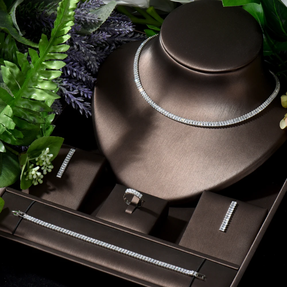 HIBRIDE Luxury 4pcs Necklace and Earring Set Baguette Zirconia Choker Design African Jewelry Nigeria Wedding Accessories N-400 1