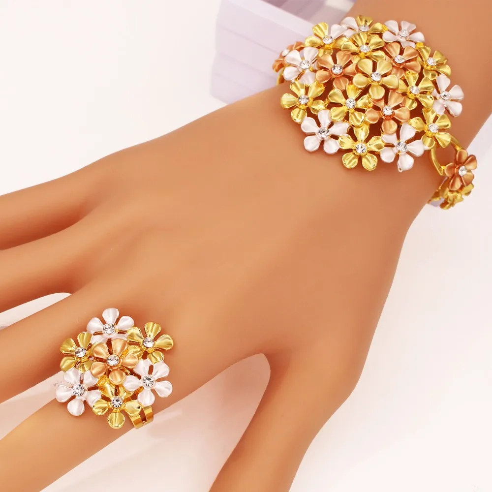 GZJPEI Africal Big Flower Jewelry Set Dubai Nigeria Wedding Gifts 18K Gold Plated Large Pendant Necklace Bracelet Earring Rings 5