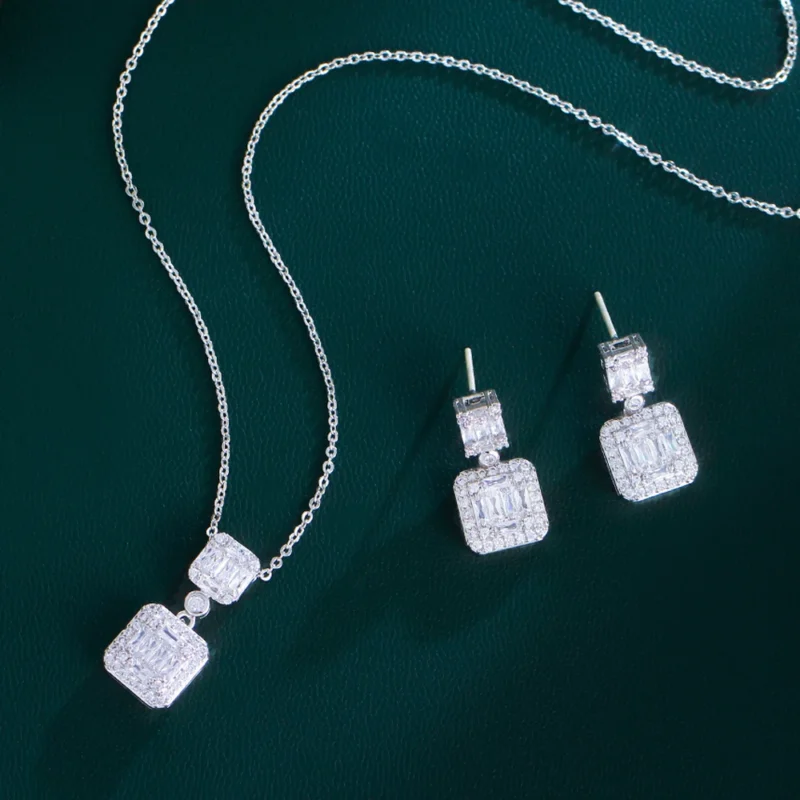 CWWZircons Exquisite Shiny Baguette White Cubic Zirconia Fashion Brand Ladies Earring Pendant Necklace Chic Jewelry Sets T469 1