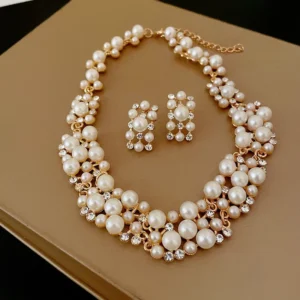 3 Pcs Rhinestone Pearl Rectangular Earrings Necklace Set Two-piece Vintage Choker Accessory Light Luxury Jewelry Sets Wedding 1
