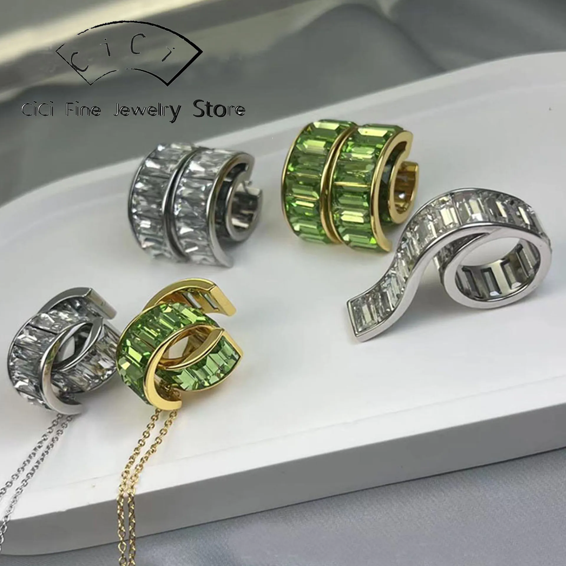 2025 New Trend Eye-Catching Baguette Cut Green Crystal Original Women's Necklace Earrings Bracelet Ring Exquisite Jewelry Set 1
