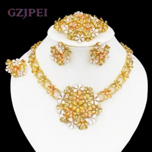 GZJPEI Africal Big Flower Jewelry Set Dubai Nigeria Wedding Gifts 18K Gold Plated Large Pendant Necklace Bracelet Earring Rings 6
