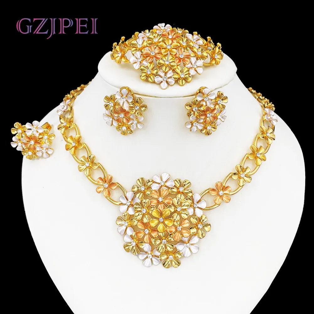 GZJPEI Africal Big Flower Jewelry Set Dubai Nigeria Wedding Gifts 18K Gold Plated Large Pendant Necklace Bracelet Earring Rings 6