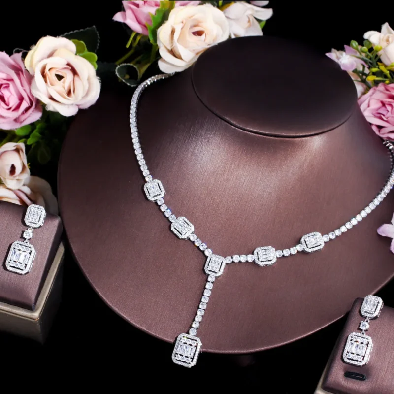 CWWZircons African Baguette CZ Pave Dangle Drop Necklace Earrings Bridal Wedding Cubic Zirconia Jewelry Set for Women T612 1