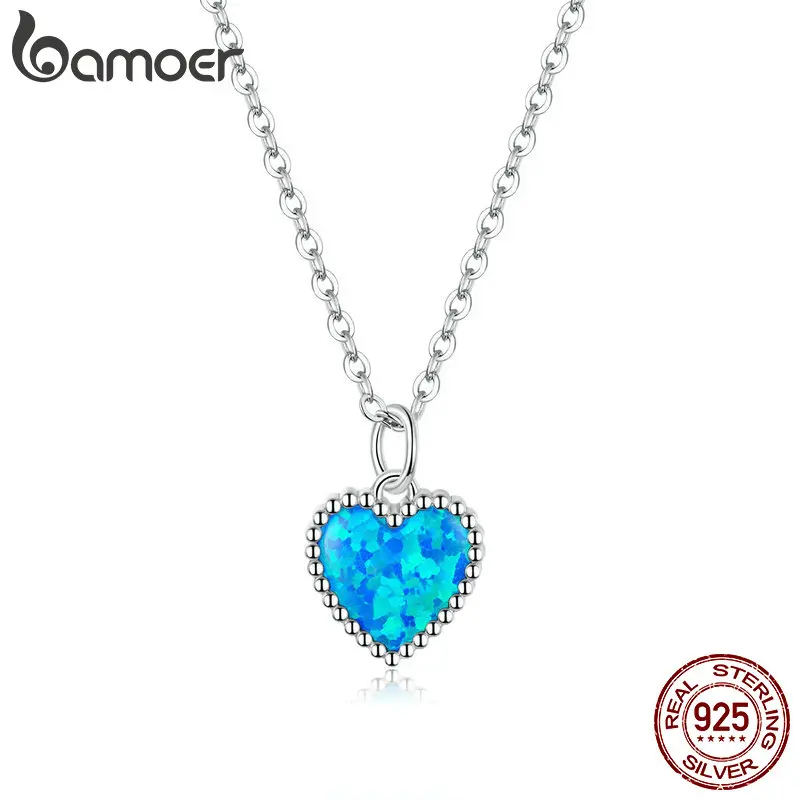 bamoer Deep Blue Heart Necklace for Women 925 Sterling Plated platinum Translucent opal Luxury Brand 1
