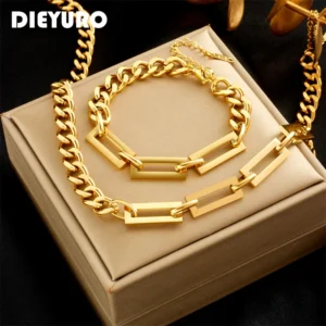 DIEYURO 316L Stainless Steel Gold Color Geometric Chain Necklace Bracelets For Women Girl New Fashion Non-fading Jewelry Set 1