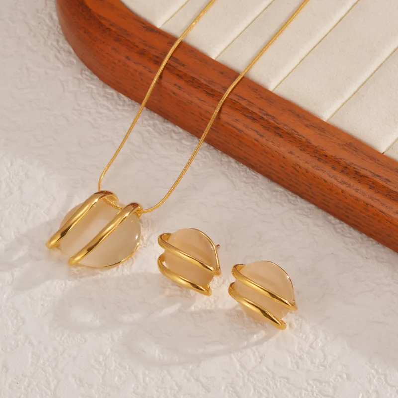 Kissmoon Stainless Steel Gold Color Exquisite Luxury Geometry Zircon Necklace Earing Set for Women Party Brithday Jewelry Gifts 1