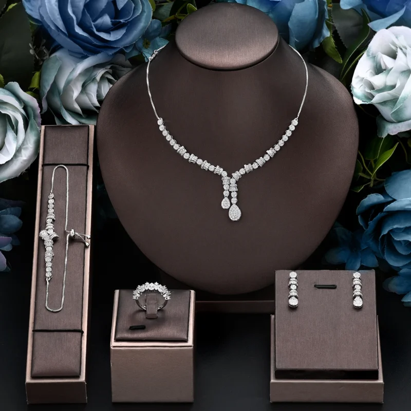 Famous Brand 4 Piece Bridal Zirconia Complete Jewelry Set for Women Party, Banquet Cubic Zirconia Crystal Wedding Jewelry Set 1