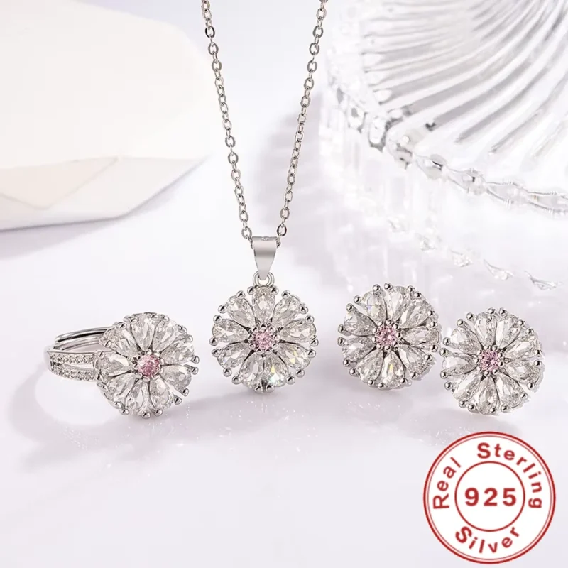 925 Sterling Silver Sunflower Zircon Pendant Bracelet Necklace Women's Sterling Silver Jewelry Set Wedding Gift 1