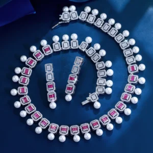 ThreeGraces Luxurious Shiny Baguette Zirconia Vintage Tassel Simulated Pearl Bridal Wedding Party Jewelry Set for Women T1092 1