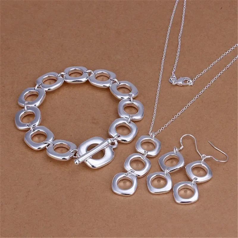 Charms streetwear 925 sterling Silver Round square pendant necklace Bracelet earring Jewelry set for women Fashion Party gifts 1