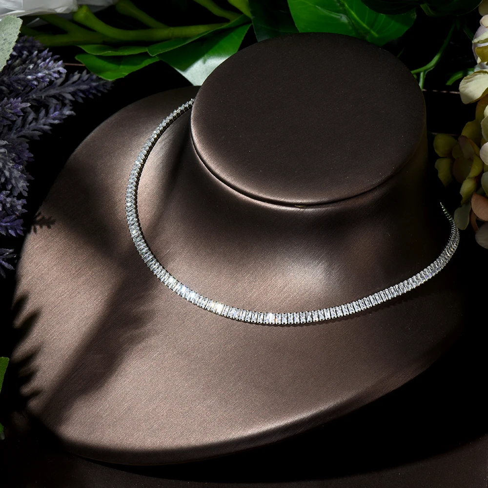 HIBRIDE Luxury 4pcs Necklace and Earring Set Baguette Zirconia Choker Design African Jewelry Nigeria Wedding Accessories N-400 5