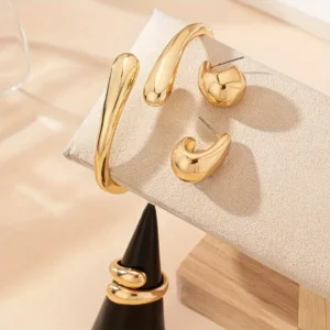 Punk Simple Water Drop Shaped Open Spring Bracelet Women's Fashion Smooth Water Drop Ring Earring Bangle Set Versatile Jewelry 2