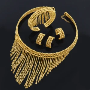 Luxury 24K Gold Plated Jeweler Necklace Bracelet Ring Earrings Set for Women Bride Charms Jewelry Set Gift for Party Wedding 1