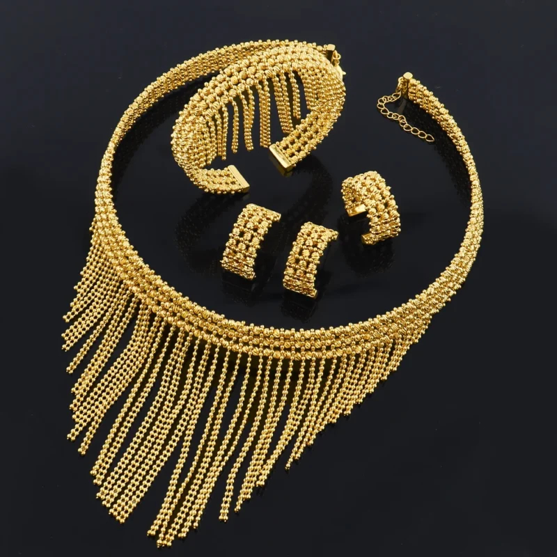 Luxury 24K Gold Plated Jeweler Necklace Bracelet Ring Earrings Set for Women Bride Charms Jewelry Set Gift for Party Wedding 1