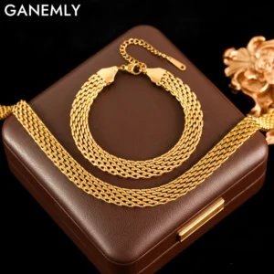 GANEMLY 316L Stainless Steel Metal Wide Chain Necklace Bracelets Waterproof Jewelry Set Gold Color Chain Charm Jewelry Set Gift 1