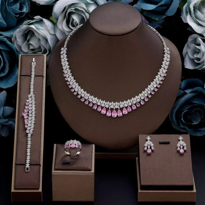 Luxury White Cubic Zirconia Bridal Jewelry Set Brides Accessories Tassel Water Drop Necklace Earring 4pcs Set for Wedding Party 1