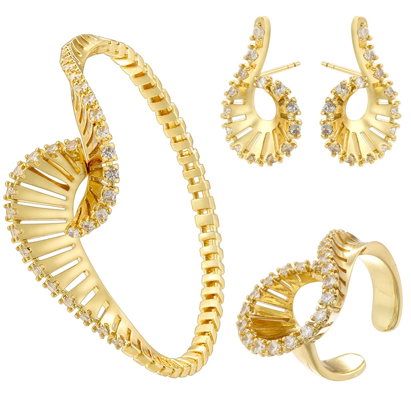 ZHUKOU 18K Golden Plated Brass Bracelet With Zirconia Earrings And Ring Collection Style Ladies Luxury Jewellery: VE1349 1