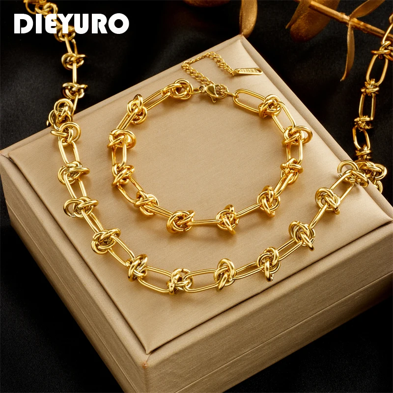 DIEYURO 316L Stainless Steel Gold Silver Color Twist Knot Necklace Bracelets For Womens Girl New Fashion Non-fading Jewelry Set 1