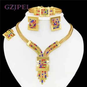GZJPEI Gold Plated Jewelry Set African Dubai Nigeria Charm Necklace Bracelet Earring Ring For Women 2025 New Banquet Jewellry 6