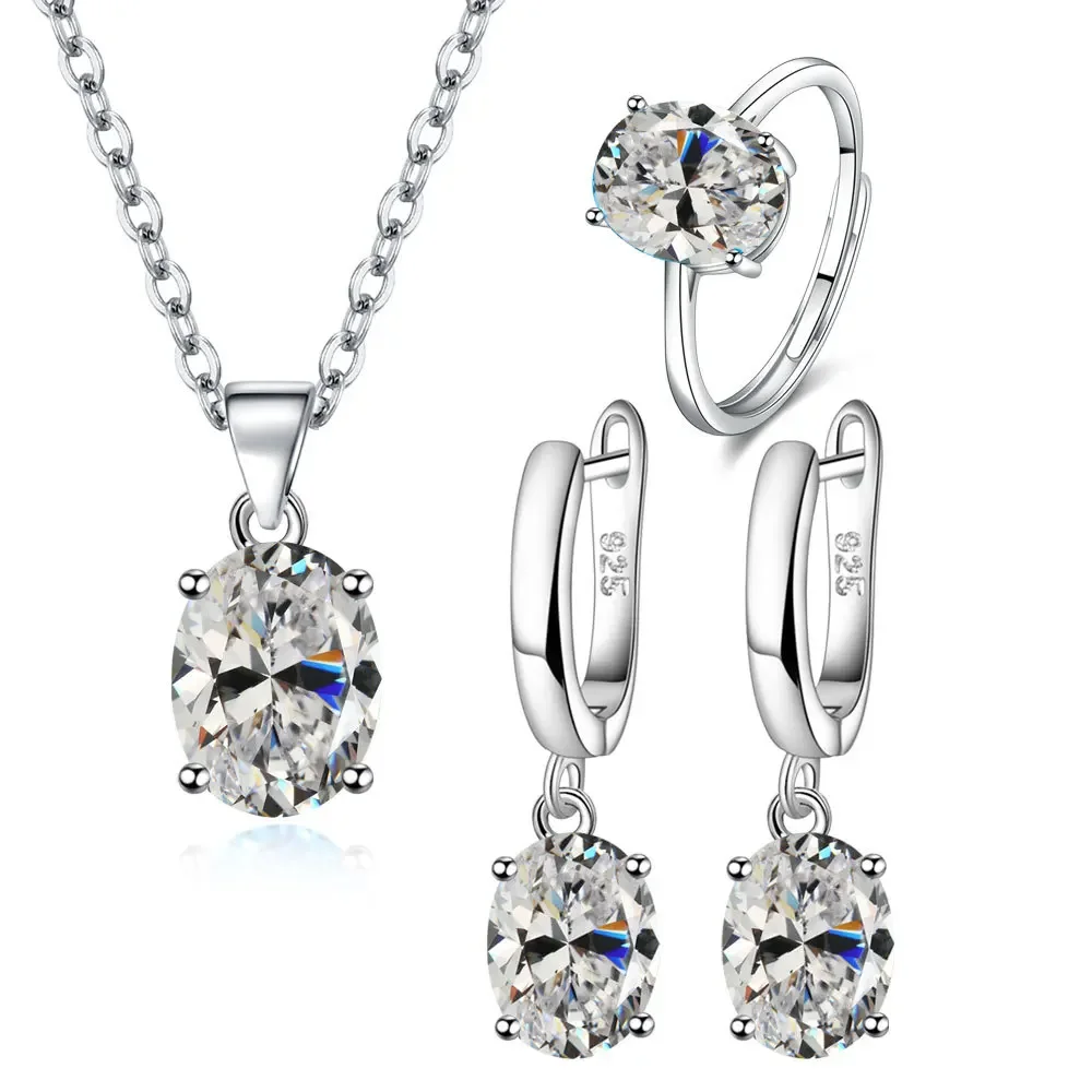 925 Sterling Silver Elegant Women's Jewelry Sets Ellipse Zircon Ring Necklace Earrings Accessories Juwellery Argent 925 1