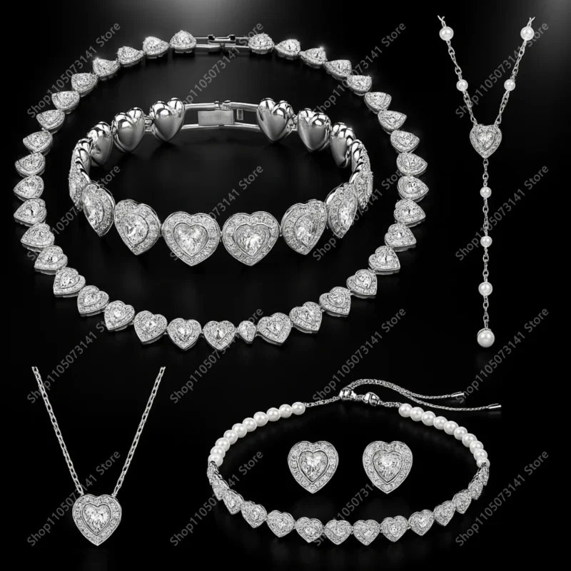 Heart Shaped Diamond Bead Set Necklace Bracelet Earrings Wedding Gift