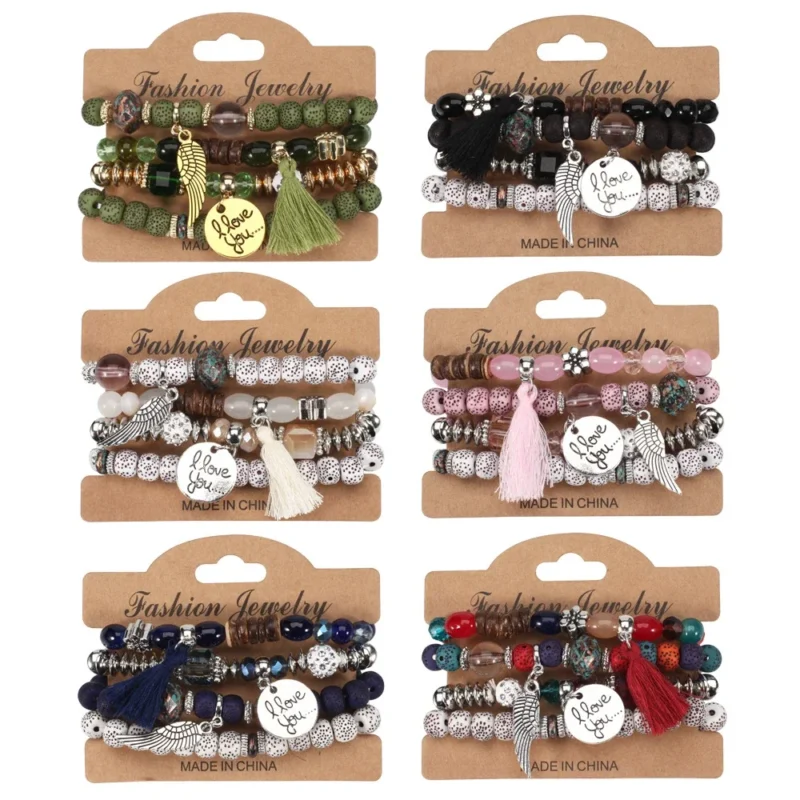 Boho Beaded Bracelet Set for Women – Tassel Charm Bangles