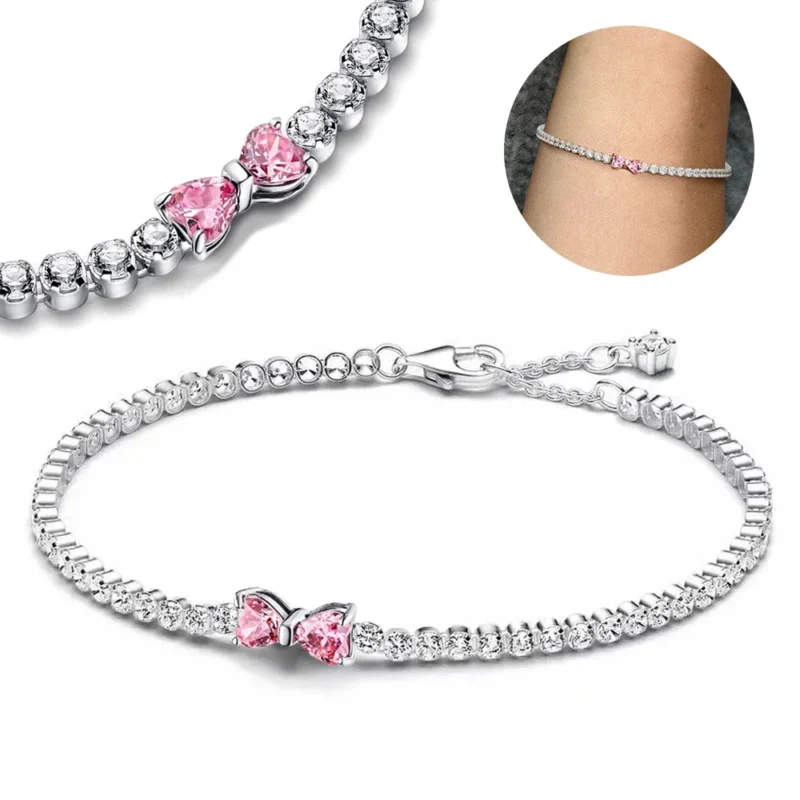 925 Silver Pink Bow Moissanite Bracelet – Valentine Gift
