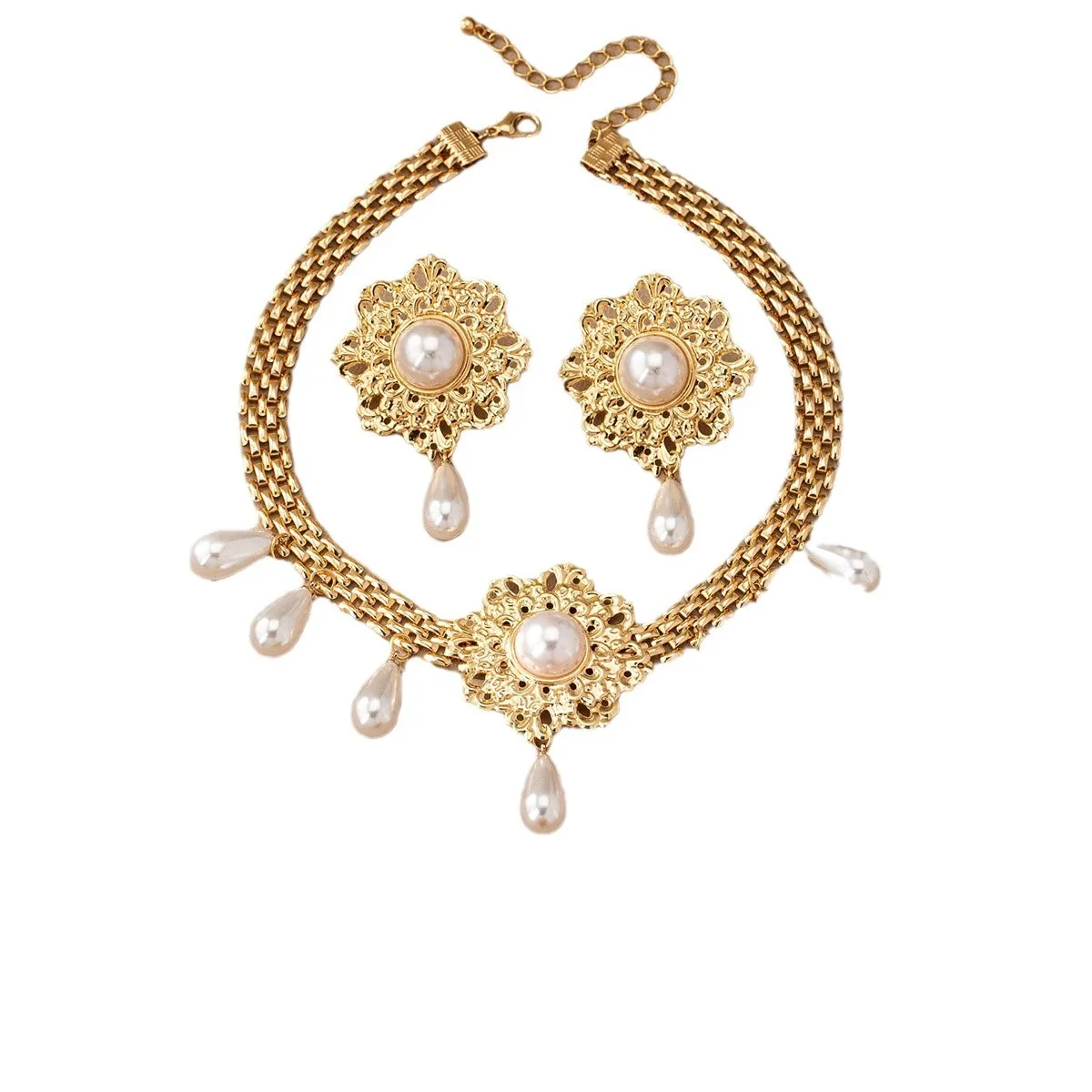 Pearl Fringe Necklace Earrings Set - Image 4