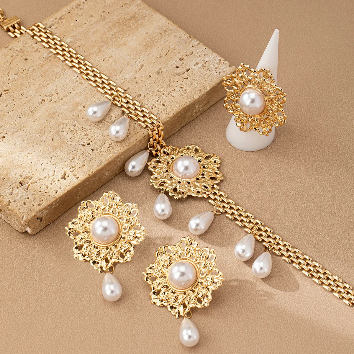 Pearl Fringe Necklace Earrings Set - Image 2