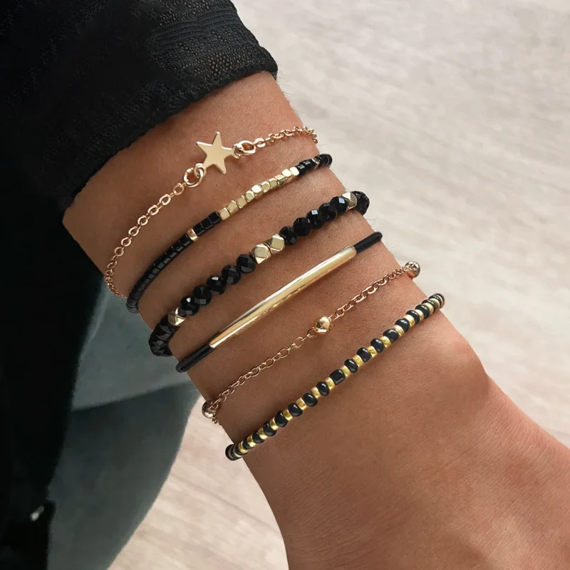 Black Beaded Bracelet Set with Star Charm – Women’s Jewelry