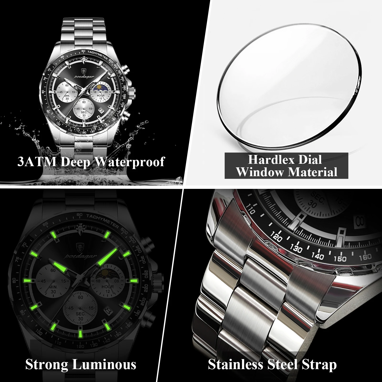 POEDAGAR Men’s Chronograph Watch – Waterproof Stainless Steel - Image 4