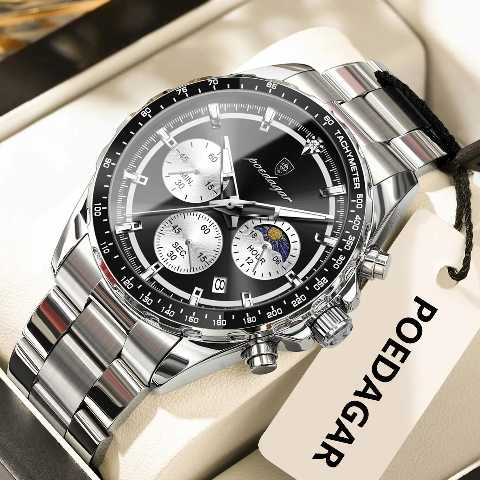 POEDAGAR Men’s Chronograph Watch – Waterproof Stainless Steel - Image 2