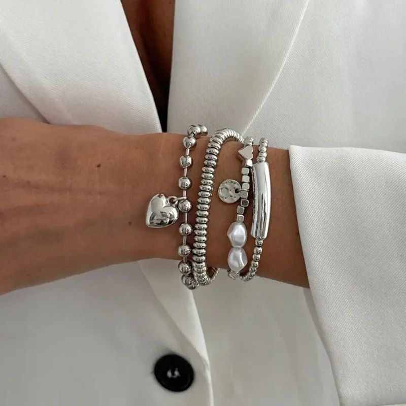 Pearl Heart Charm Bracelet Set for Women