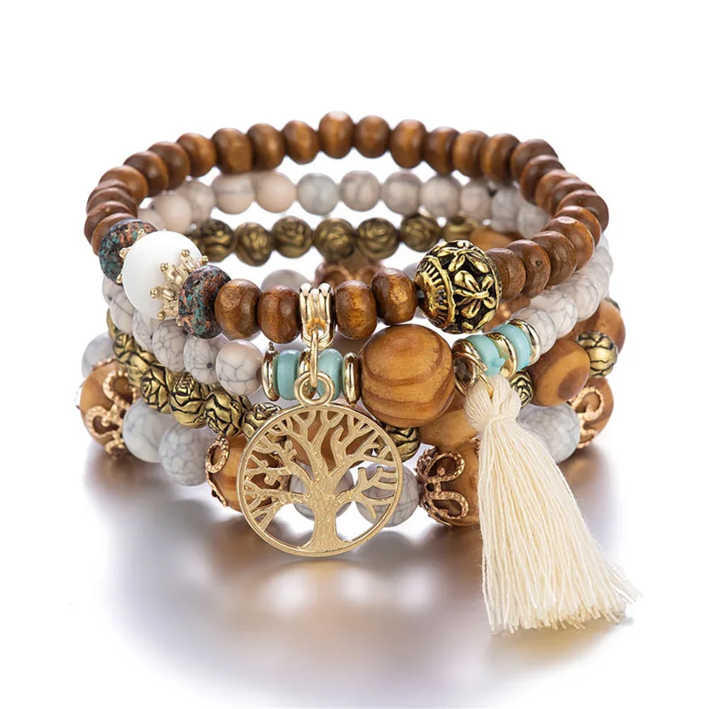 Wooden Beaded Bracelet Set – Boho Tassel Jewelry