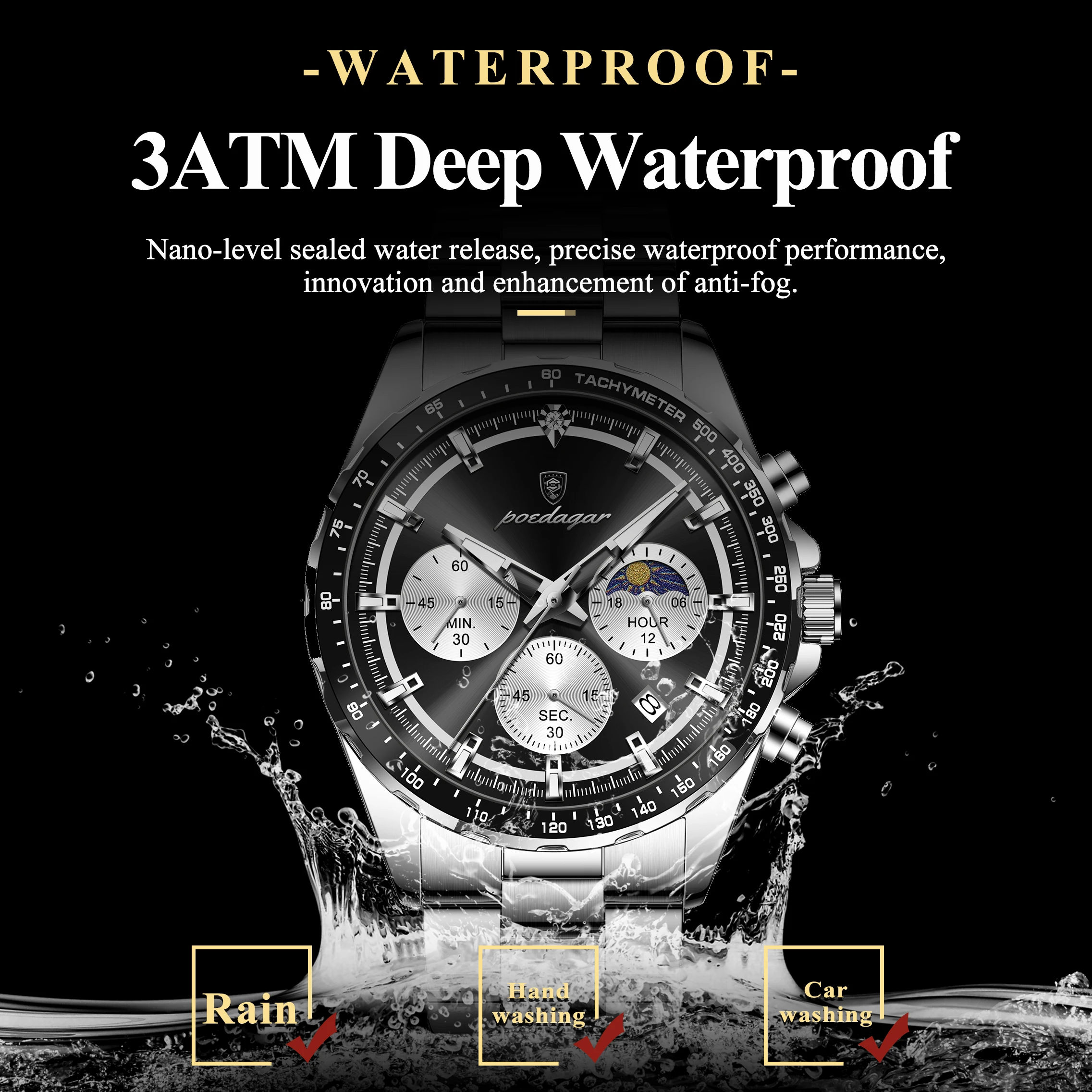 POEDAGAR Men’s Chronograph Watch – Waterproof Stainless Steel - Image 3