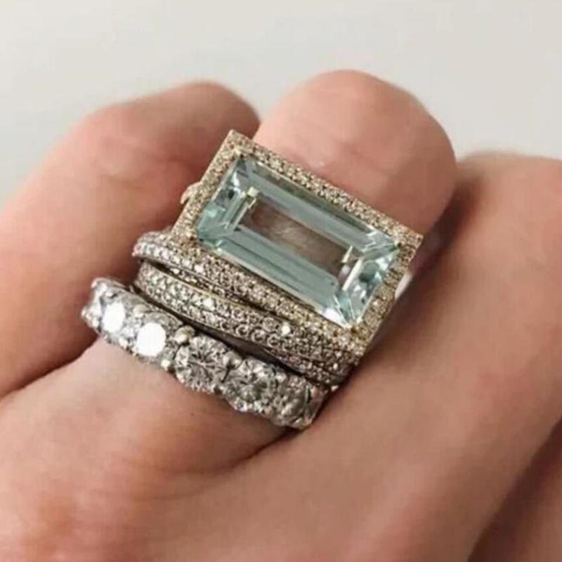 Exquisite Three Piece Set Inlay Blue Color Square Zircon