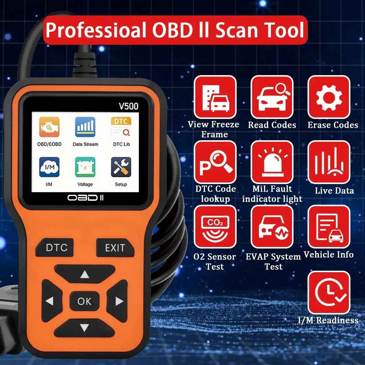 Clear Engine Light Fast: OBD2 Scanner + Battery Test Car Owners: OBD2 Scanner Prevents Costly Repairs Engine Fault Code & Battery Tester OBD2 Scanner for DIY Smart OBD2 Scanner - Diagnose & Test Battery Health Stop Mechanic Guesswork: Engine Fault Code Reader V500