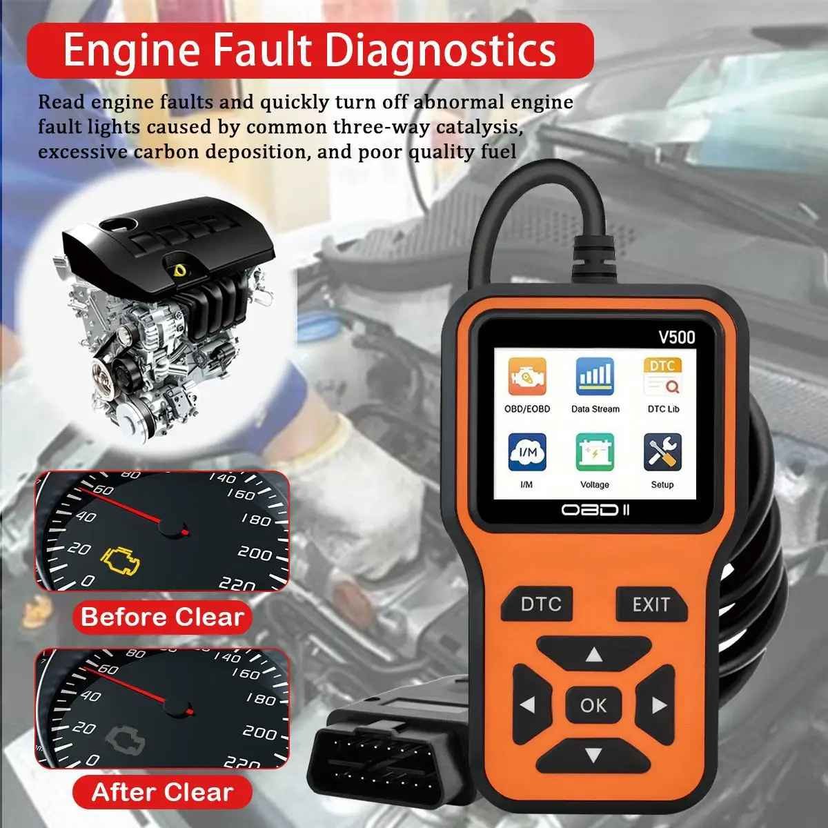 Clear Engine Light Fast: OBD2 Scanner + Battery Test Car Owners: OBD2 Scanner Prevents Costly Repairs Engine Fault Code & Battery Tester OBD2 Scanner for DIY Smart OBD2 Scanner - Diagnose & Test Battery Health Stop Mechanic Guesswork: Engine Fault Code Reader V500 - Image 3