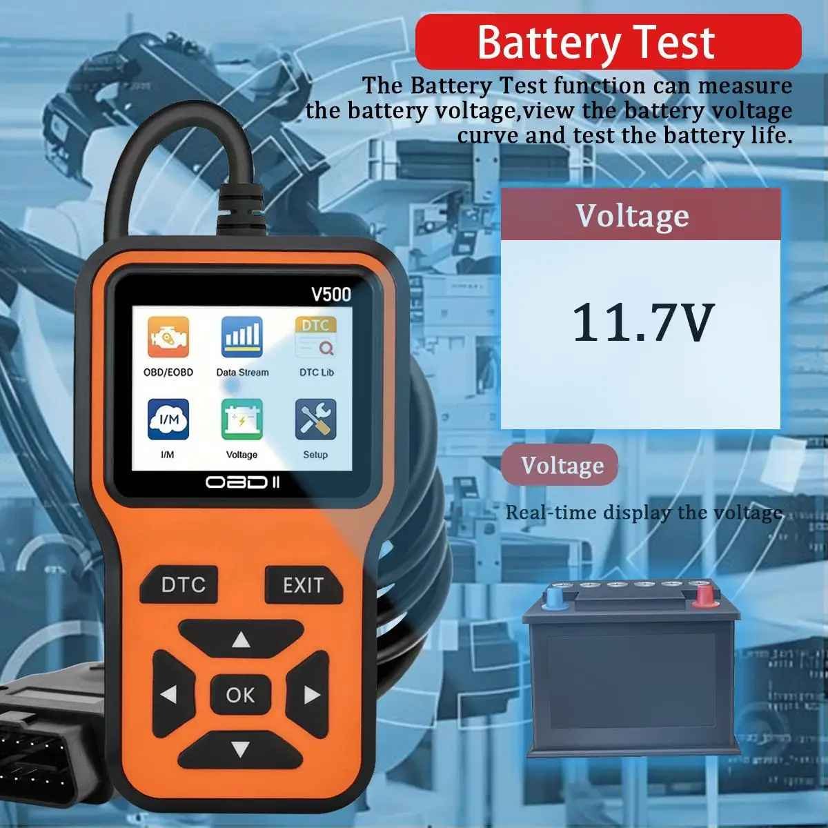 Clear Engine Light Fast: OBD2 Scanner + Battery Test Car Owners: OBD2 Scanner Prevents Costly Repairs Engine Fault Code & Battery Tester OBD2 Scanner for DIY Smart OBD2 Scanner - Diagnose & Test Battery Health Stop Mechanic Guesswork: Engine Fault Code Reader V500 - Image 4